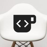 code and coffee icon over a midcentury modern chair