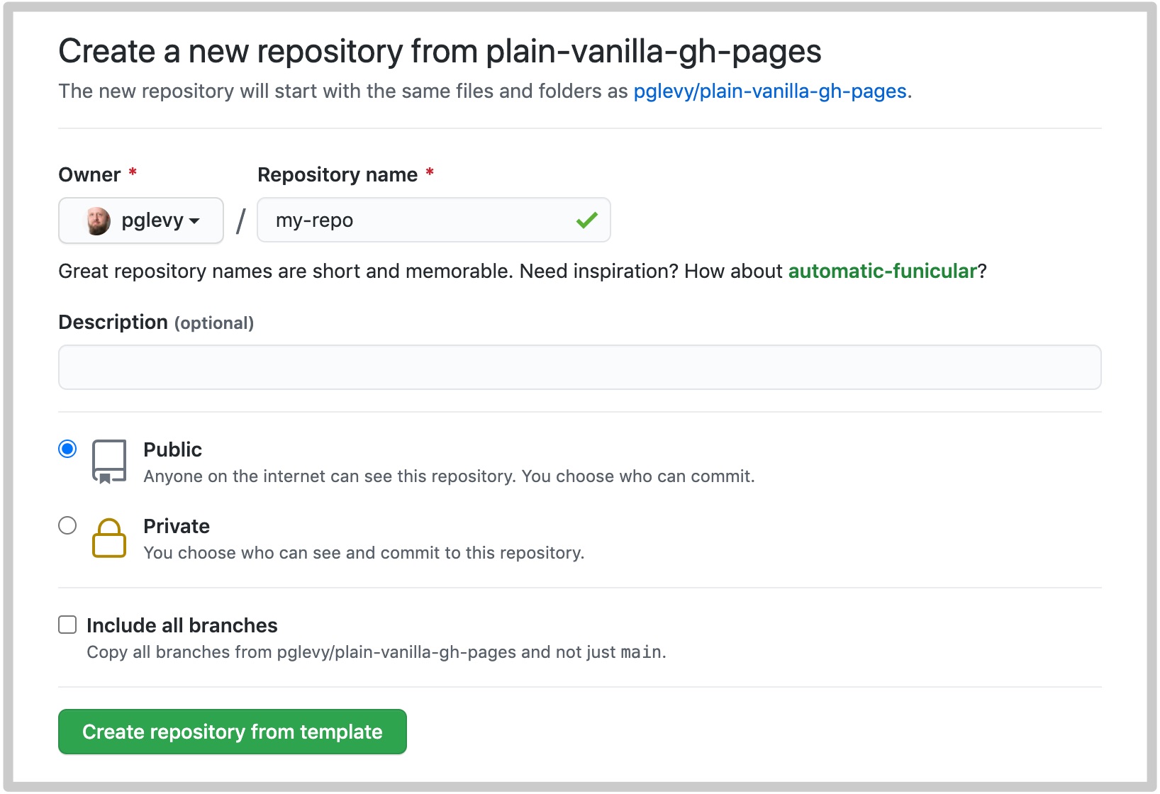 Screenshot of "create a new repository" action