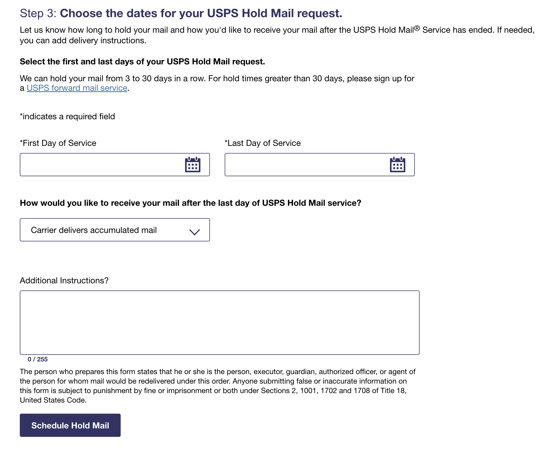 Screenshot of USPS Hold Mail service form
